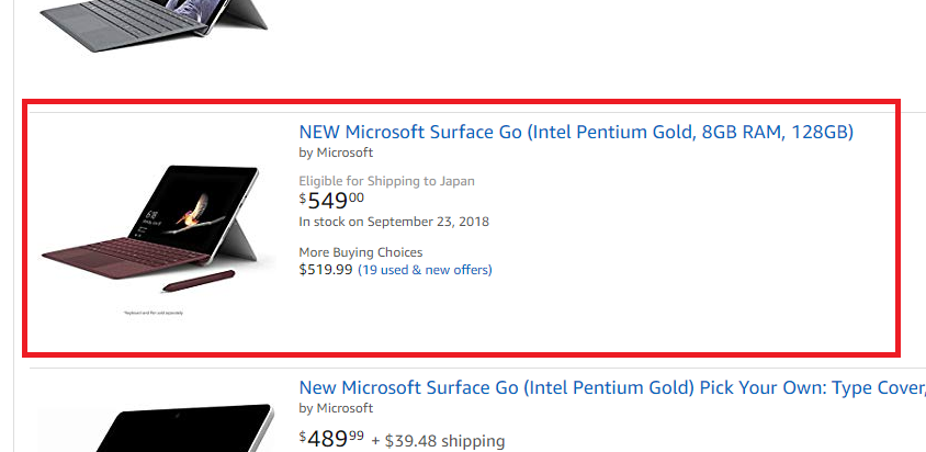 Amazon USAでSurface Goは日本出荷可能