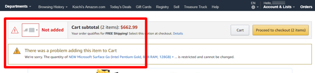 Amazon USAでSurface Go買おうとしたらアラートが。