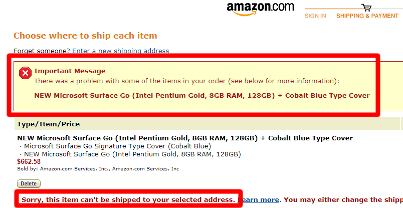 Amazon USAでSurface Goが日本出荷できない